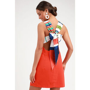 NWT Lulus Joyful Red Orange Multi Stripe Tie-back Mini Dress - Size S